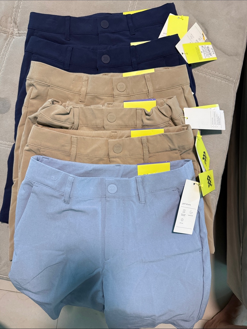 all in motion boys golf Shorts - Light Blue, Tan & Navy 6 pack